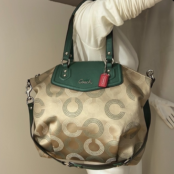 Coach Ashley F25183 Dotted Op Art North South Aegean Canvas Leather Hobo Tote - Picture 2 of 13